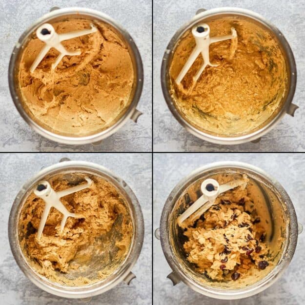 collage of recipe steps for making Starbucks cranberry bliss bars cookie dough base.