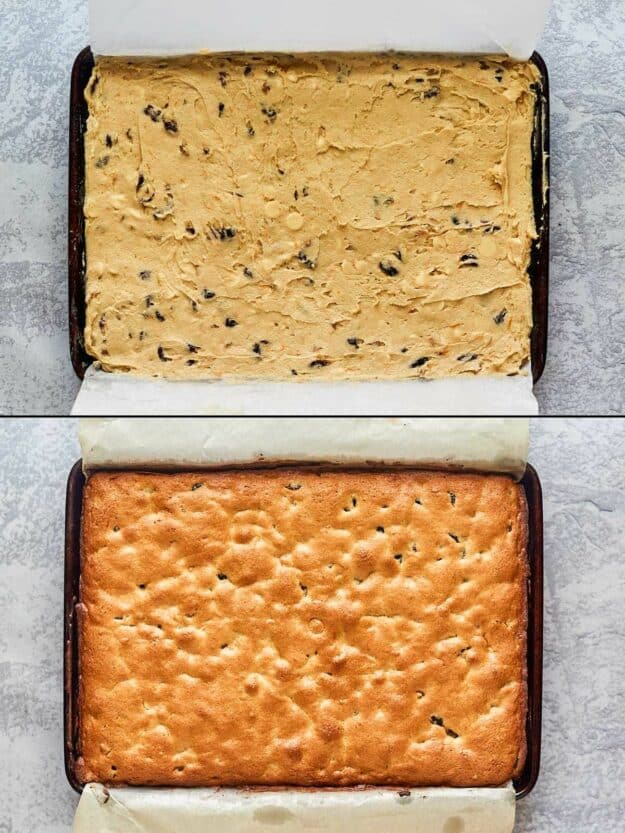 Starbucks cranberry bliss bars before and after baking the cookie base.