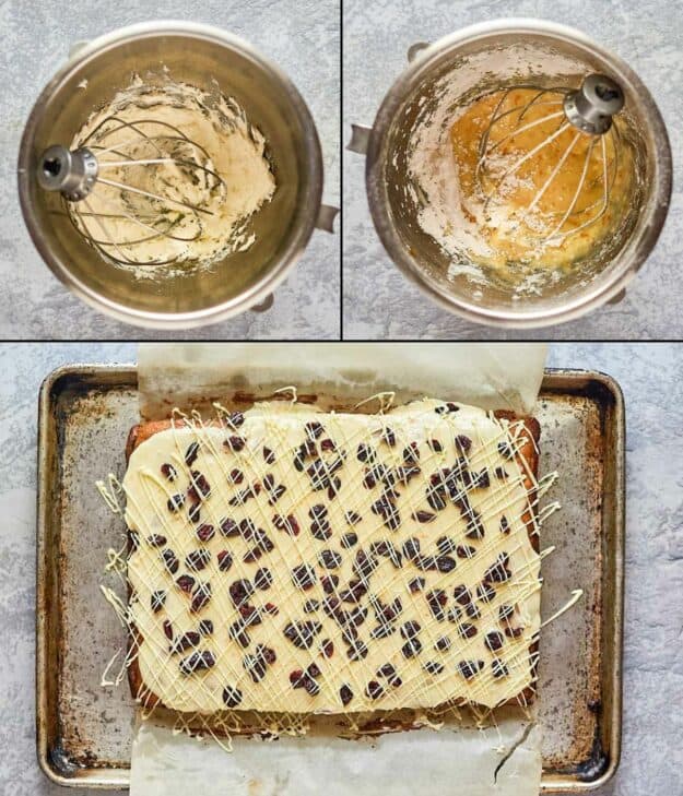 collage of steps for Starbucks cranberry bliss bar frosting.