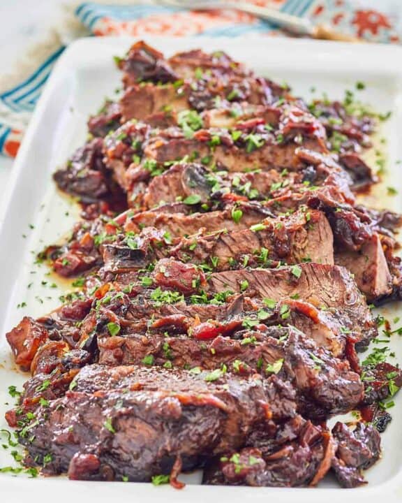 stove top pot roast and vegetables on a platter.