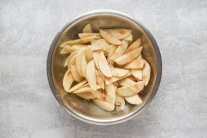apple slices and cinnamon in a bowl.