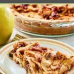 slice of apple pie cheesecake in front of the dessert.