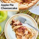 overhead view of apple pie cheesecake and a fork on a plate.