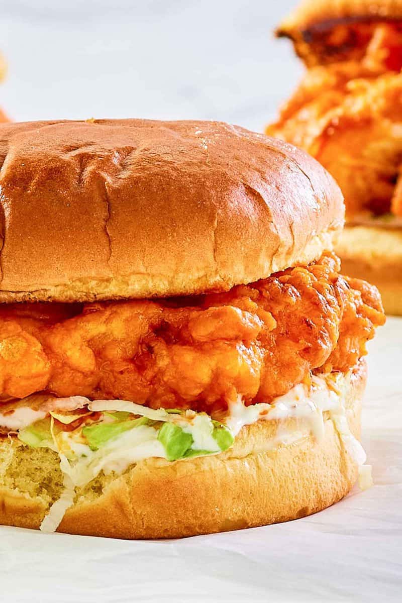 closeup of copycat Arby's buffalo chicken sandwich.