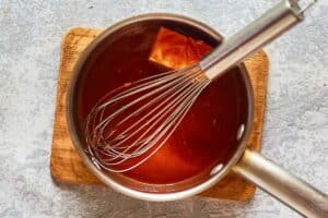Arby's buffalo sauce ingredients in a saucepan.