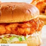 closeup of homemade Arby's Buffalo Chicken Sandwich.
