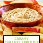 bowl of creamy caramel apple dip and apple slices around it.