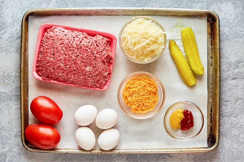 IHOP cheeseburger omelette ingredients on a tray.