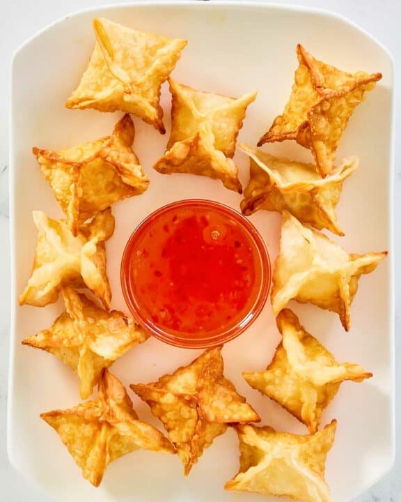overhead view of copycat Panda Express cream cheese rangoon appetizer.