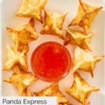 overhead view of homemade Panda Express cream cheese rangoons on a platter.