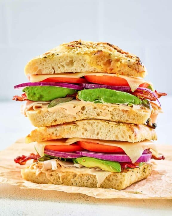 copycat Panera frontega chicken sandwich on parchment paper.