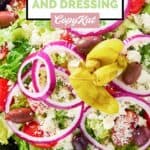 overhead view of Panera Bread Greek salad with dressing.