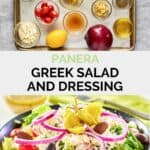 Panera Greek salad and dressing ingredients and the finished salad.