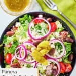 overhead view of homemade Panera Greek salad and dressing.