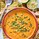 overhead view of pumpkin curry soup in a bowl.
