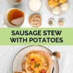 smoked sausage stew ingredients and the stew in a bread bowl.