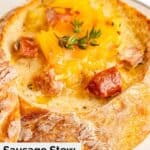 smoked sausage stew in a bread bowl.