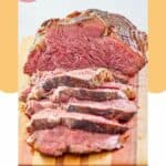 sliced beef tenderloin roast on a cutting board.