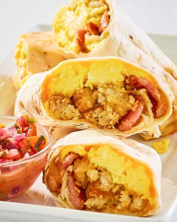 copycat Burger King egg-normous breakfast burrito cut in half.