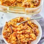 cheeseburger casserole on a plate and in a baking dish.