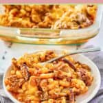 cheeseburger casserole and a fork on a plate.