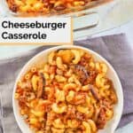 overhead view of cheeseburger casserole serving on a plate.