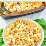 chicken noodle casserole serving on a white plate.
