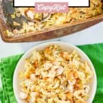 overhead view of chicken noodle casserole serving on a plate.