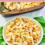 serving of chicken noodle casserole on a plate.