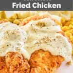 homemade Cracker Barrel chicken fried chicken, gravy, and veggies.
