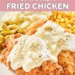 closeup of homemade Cracker Barrel chicken fried chicken and gravy.