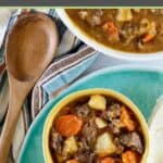 carne guisada in bowls and a wooden spoon.