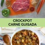 carne guisada ingredients and the finished dish.
