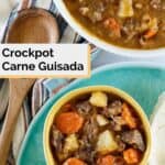 overhead view of homemade carne guisada in bowls.
