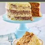 Hawaiian Cake slice on a plate in front of the cake on a blue cake stand.