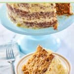 Hawaiian cake slice on a plate and a fork on a napkin.