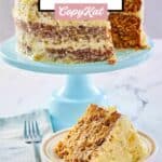 slice of Hawaiian cake on a plate in front of the cake on a stand.