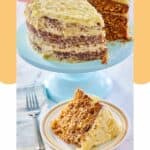 Hawaiian cake on a cake stand and a slice on a plate.