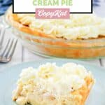 slice of copycat Marie Callender's banana cream pie on a plate.