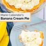 overhead view of banana cream pie and a slice on a plate.