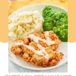 homemade Outback bloomin fried chicken, mashed potatoes, and broccoli.