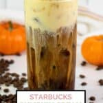 homemade Starbucks pumpkin cream cold brew coffee and small pumpkins.