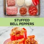 stuffed bell peppers ingredients and the finished peppers on a plate.