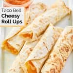 homemade Taco Bell cheesy rollups and sauce on a platter.