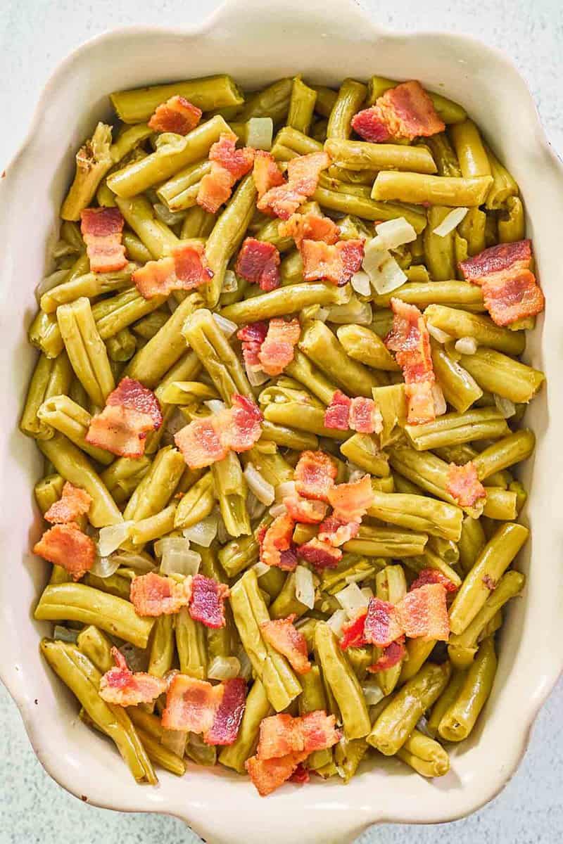 overhead view of copycat Texas Roadhouse green beans in a serving dish.