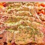 closeup of yankee pot roast, gravy, and vegetables.