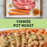 yankee pot roast ingredients and the finished dish.