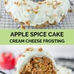 apple spice bundt cake and a slice on a cake server.