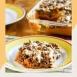 copycat Boston Market sweet potato casserole on a plate and in a baking dish.