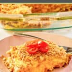 overnight breakfast ham strata and a fork on a plate.